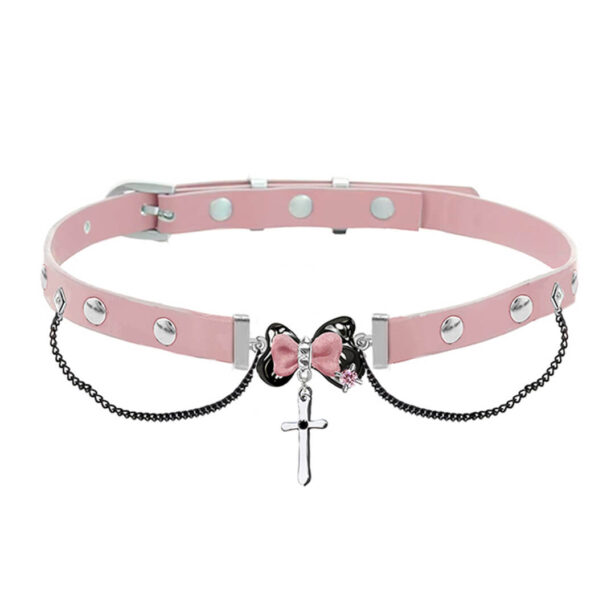 Pink Bow Leather Choker Y2K Aesthetic 1 1