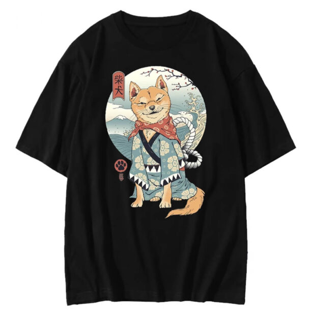 Shiba Inu Cat Samurai Unisex T shirt Harajuku Aesthetic 5