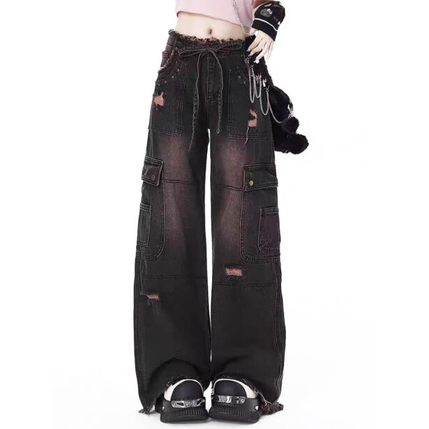 Black Pink Washed Wide Leg Raw Edge Women Jeans Y2K Aesthetic 1