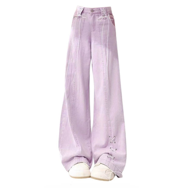 Purple Wide Leg Lace up Women Jeans Soft Girl Aesthetic 3