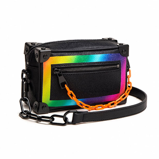 Rainbow Leather Square Crossbody Bag With Chain Y2K Aesthetic 3