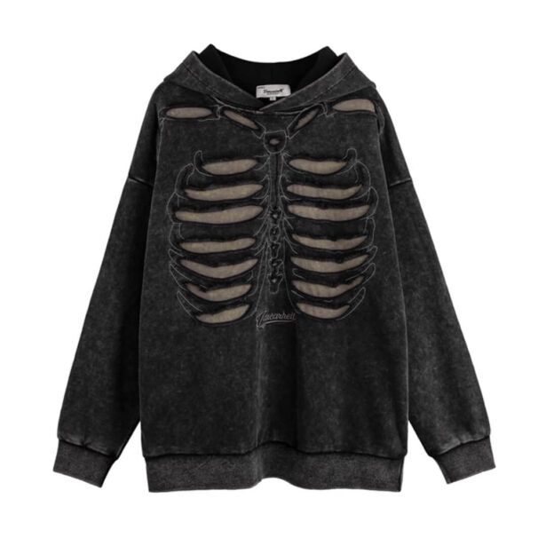 Skeleton Ribs Distressed Washed Unisex Hoodie Grunge Style 1